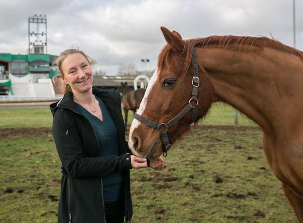 Une cavalière et un trotteur alezan, face à face